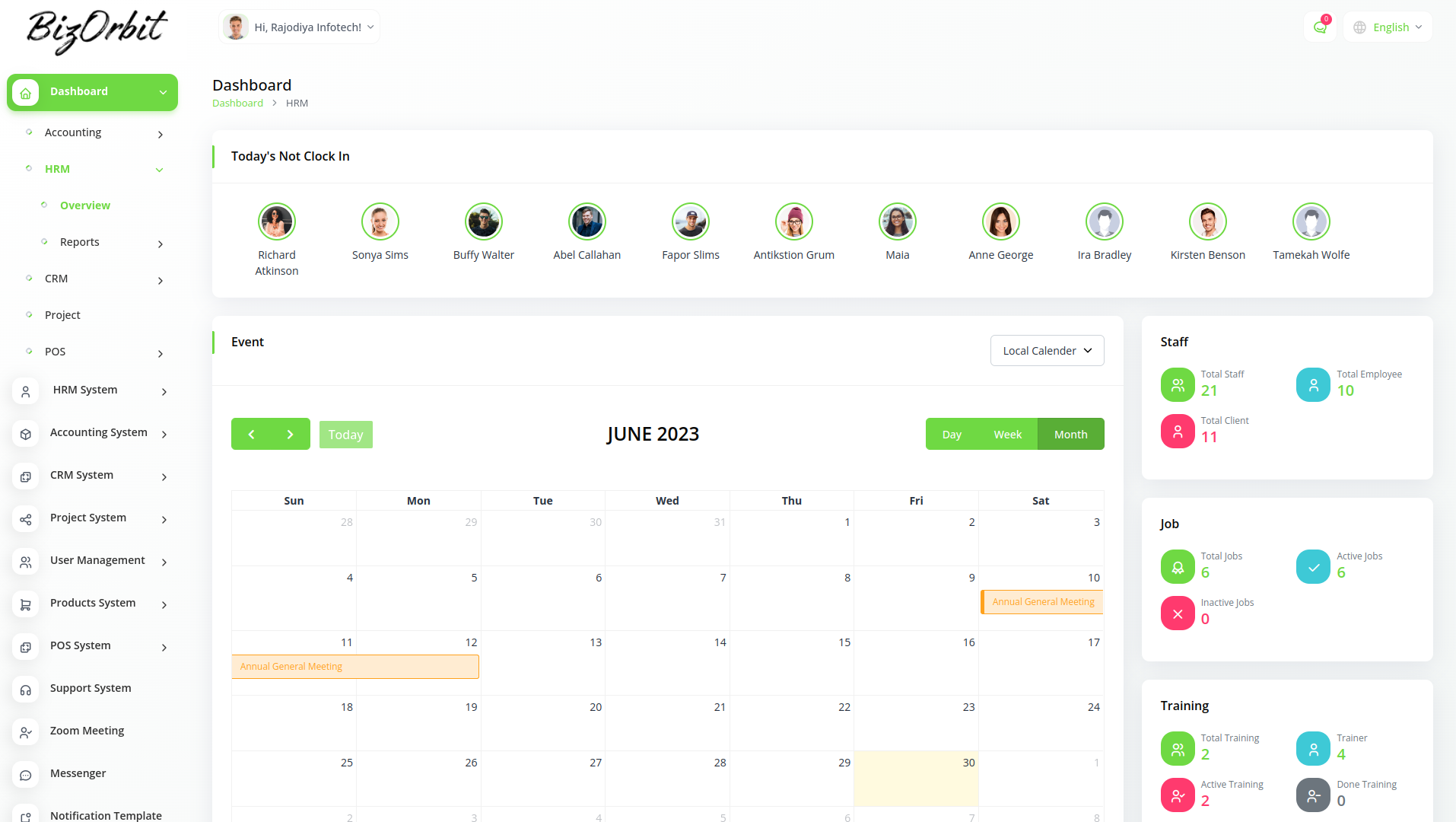 BizOrbit team and calendar workflow screenshot