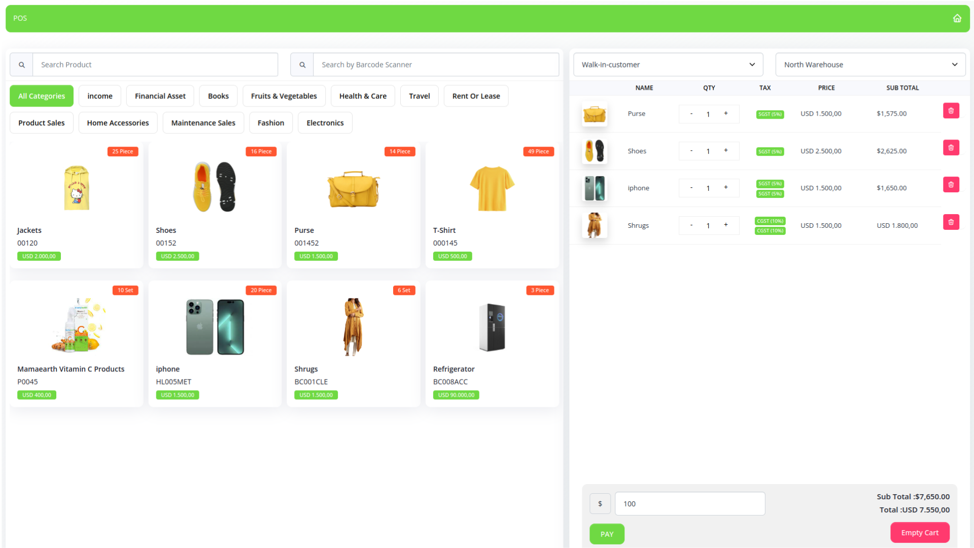 BizOrbit POS and inventory screen for product sales