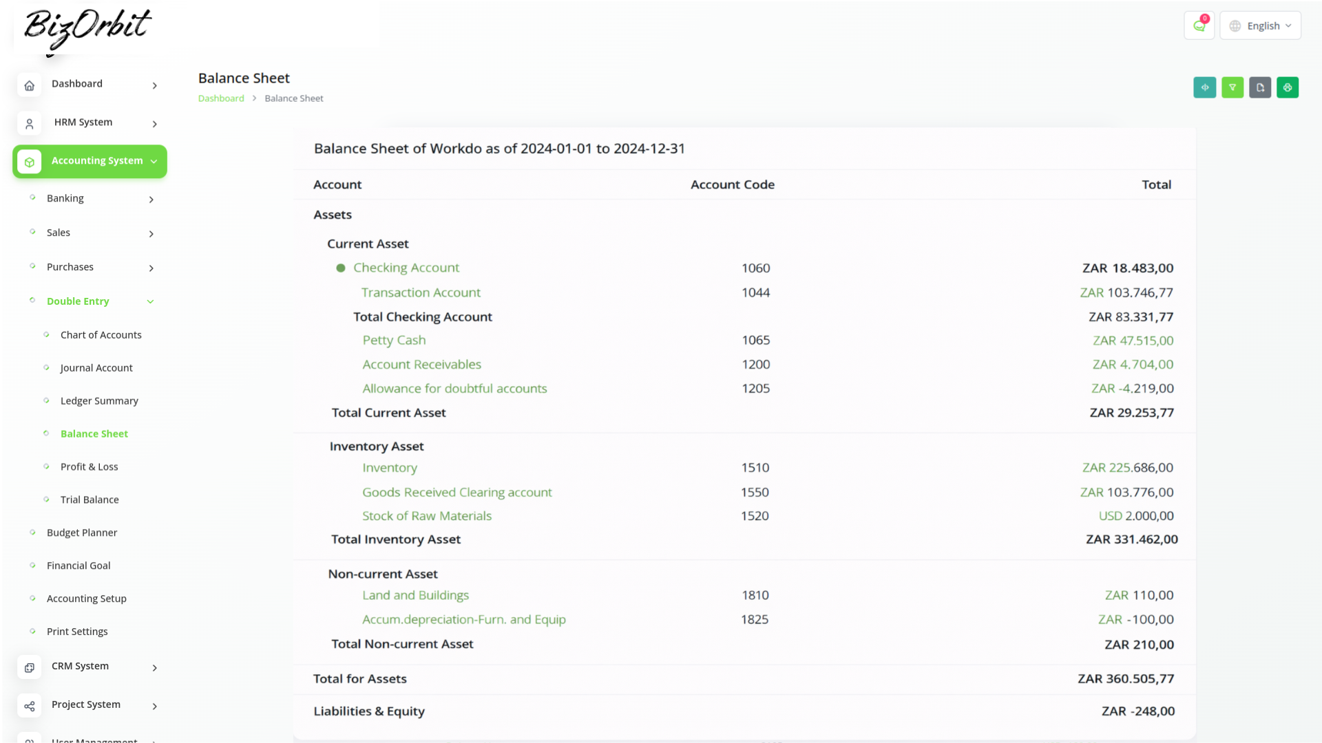 BizOrbit finance reporting screen for ERP and accounting workflows